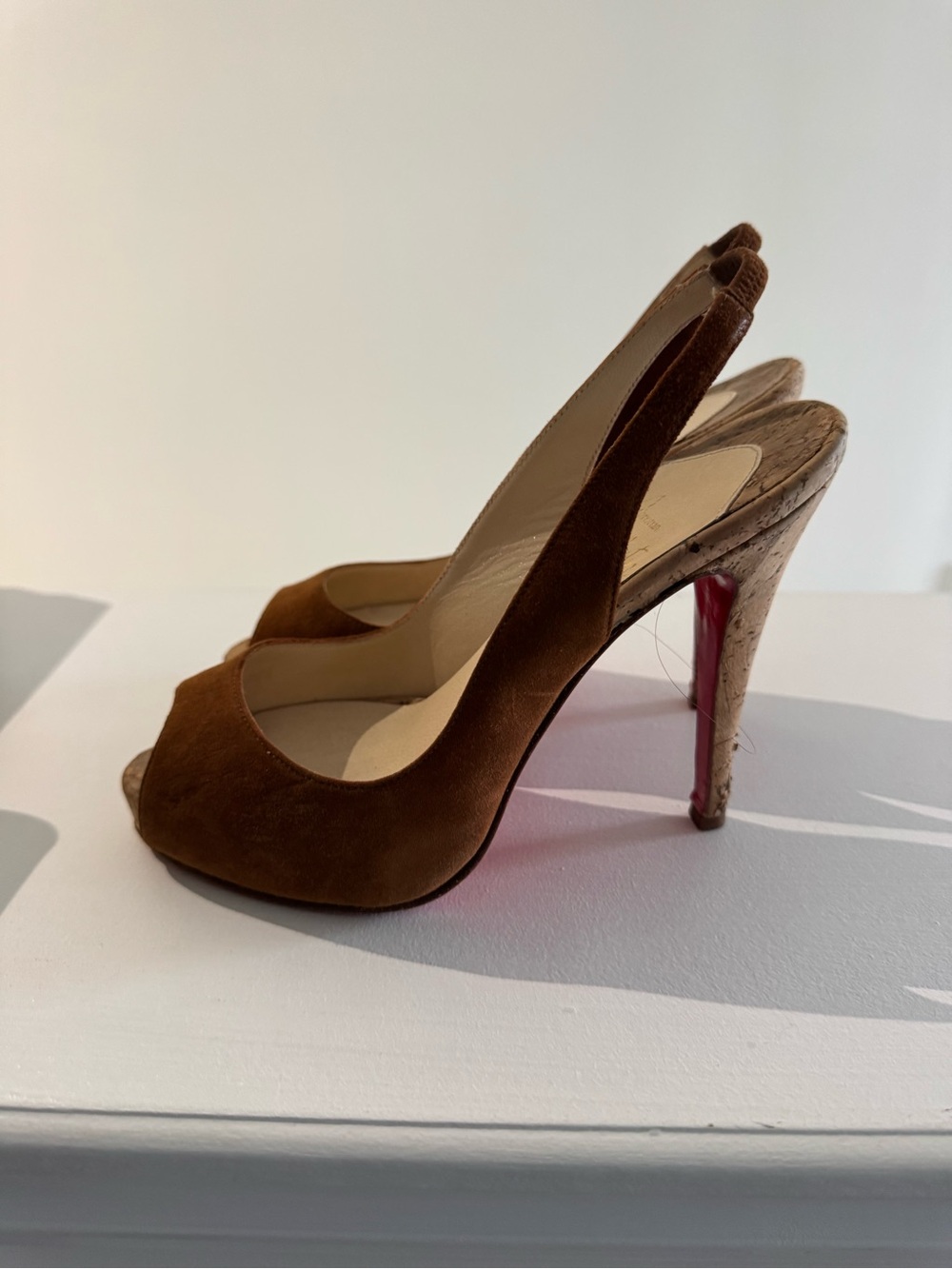 Christian Louboutin brown Swede Peep-Toe Slingback Heels